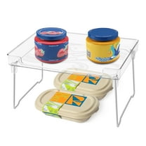 Lonian Cabinet Organizers Shelf, Kitchen Counter Storage Shelf with Raised Edges and Foldable Legs, Plastic and Metal, Clear