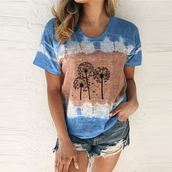 Womens Summer Tops Clearance Under $5 Plus Size,AXXD Summer Sexy Gradient Print Regular Short Sleeves Top Blue 12