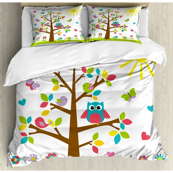Nursery Duvet Cover Set Queen Size, Colorful Tree with Cute Owl and Birds Sunny Summer Day in the Park Theme Cartoon, Decorative 3 Piece Bedding Set with 2 Pillow Shams, Multicolor, by Ambesonne
