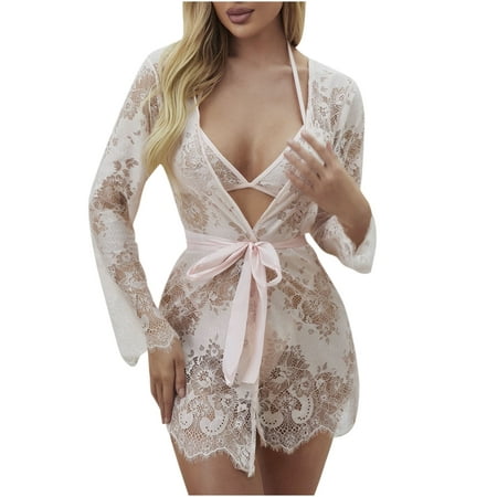 

Sexy 3 Piece Pajamas Set for Women Lace Nightgown Cardigan + Lingerie + Underpants Nightwear Suit Sleepwear