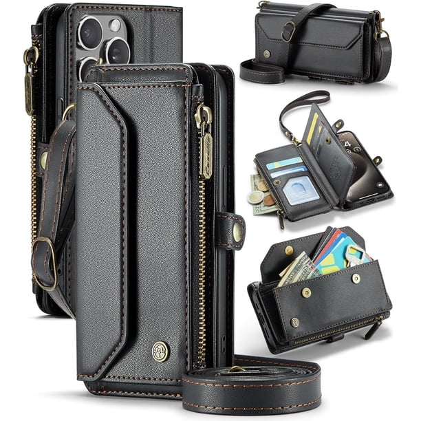 funda para iPhone 15 Pro, Funda para teléfono tipo Billetera Cruzada con Soporte de Bloqueo RFID, Ranuras para Tarjetas de Carga Inalámbrica Anticaídas, Bandolera de Cuero PU