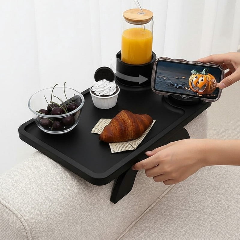 Gianna Sofa Arm Tray,3-in-1 Clip-On Table TV Tray with Rotating Cup Holder and Phone Stand, Black