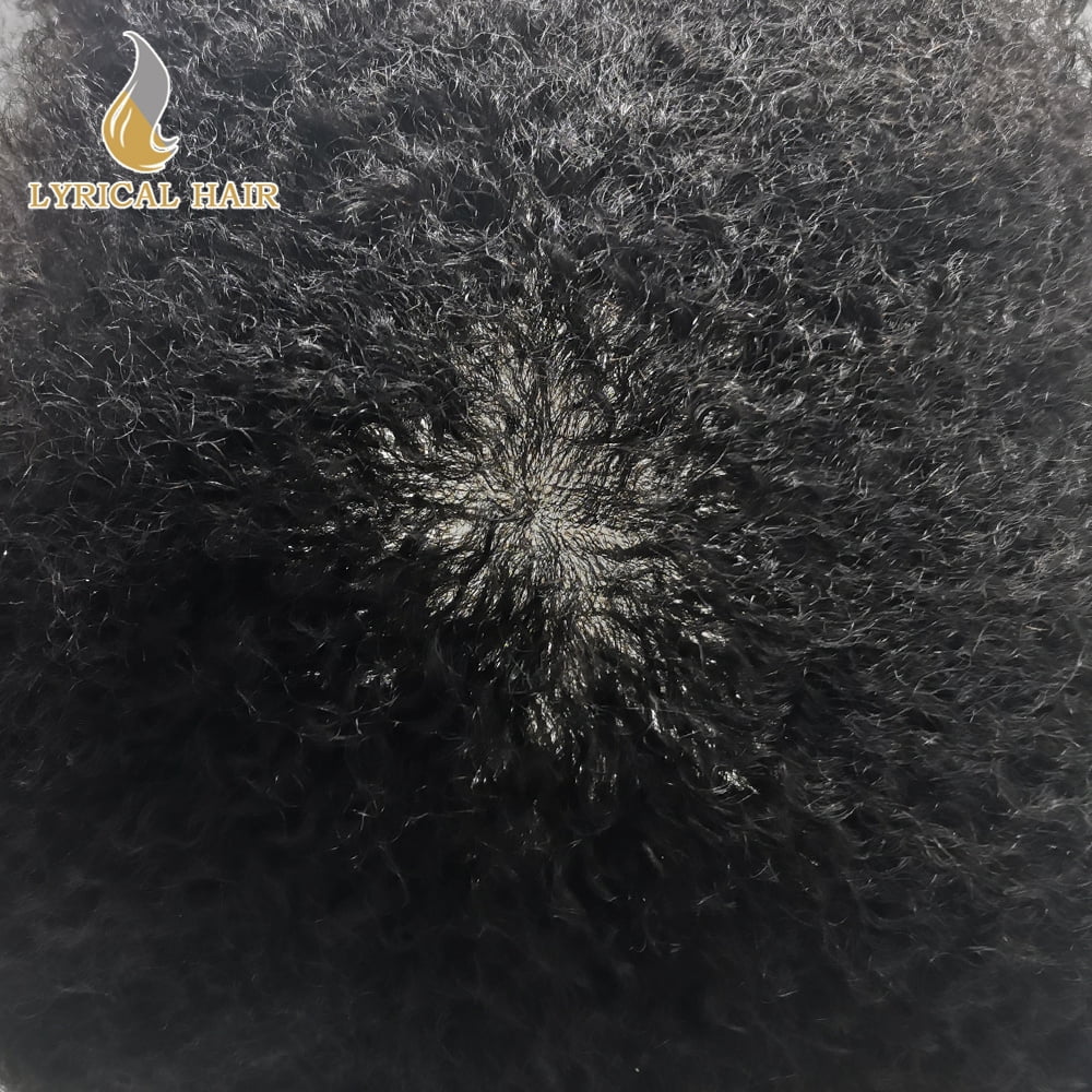 Lyricalhair Toupee for Men 6MM Kinky Curly Hairpieces for Man Brazilian Human Hair Replacement System Full PU Hair Units for African American Mens Wig Male Hair Prosthesis #1 Jet Black