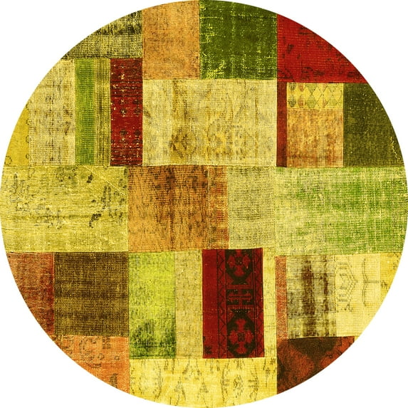 Ahgly Company Indoor Round Patchwork Yellow Transitional Area Rugs, 5' Round
