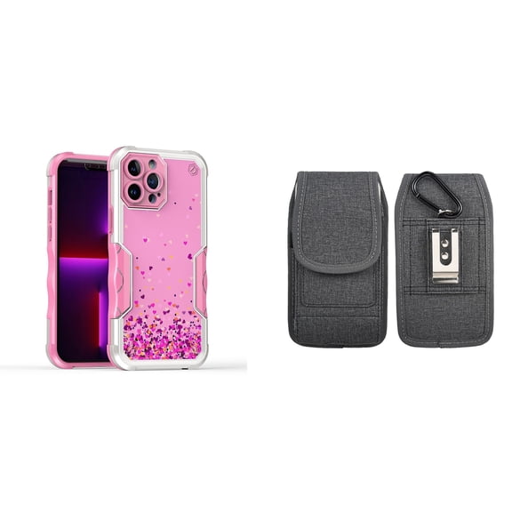 Case and Pouch Bundle for iPhone 14: Heavy Duty Armor Rugged Case (Pink Floating Hearts) and Vertical Nylon Fabric Belt Holster (Grey)
