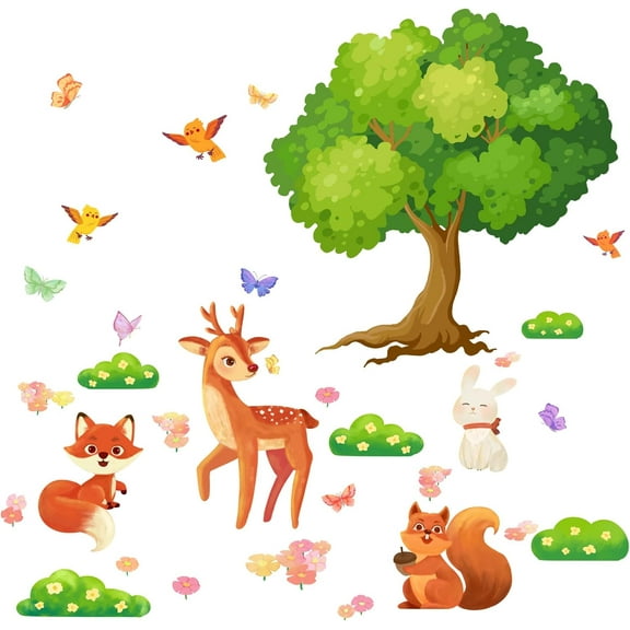 Woodland Animals Wall Stickers Deer Decals Squirrel Wall Decal Stickers Vinyl Butterfly Wall Art Tree Decor Hand Painted Birds Art Sticker for Room Baby Nursery Wall Decor