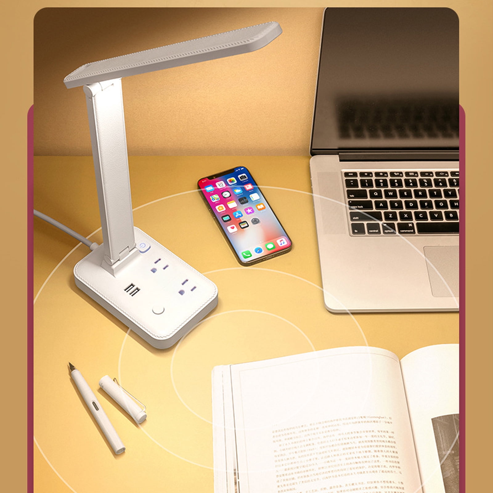 Power Strip with LED Desk Lamp, 2 Outlets 2 USB Ports 4 Modes 5 Level Lamp Small Desk Lamp for Home Office Bedroom Bedside, Study Reading Light, 5ft Extension Cord, Dorm Room Essentials