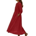 thumbnail image 5 of Women's Cotton Linen Dress Long Sleeve Crew Neck Smocked A Line Boho Flowy Maxi Dresses with Pockets Plus Size Red S, 5 of 7