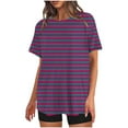 thumbnail image 1 of Mikilon Ensemble Élégant pour Femmes 2 Pcs Mode Décontractée Rayé Imprimé Col Rond Épaule Tombante Short Ensemble Deux Pièces Violet-A L, 1 of 4