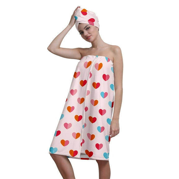 Colevkie Women 2 Pieces Absorbent Shower Skirt & Hair Drying Cap Bath Wrap Set Adjustable Soft Beach Towel Bath Towel Shower Cap Quick Drying Bathroom Sauna Spa Printed Hearts Pattern