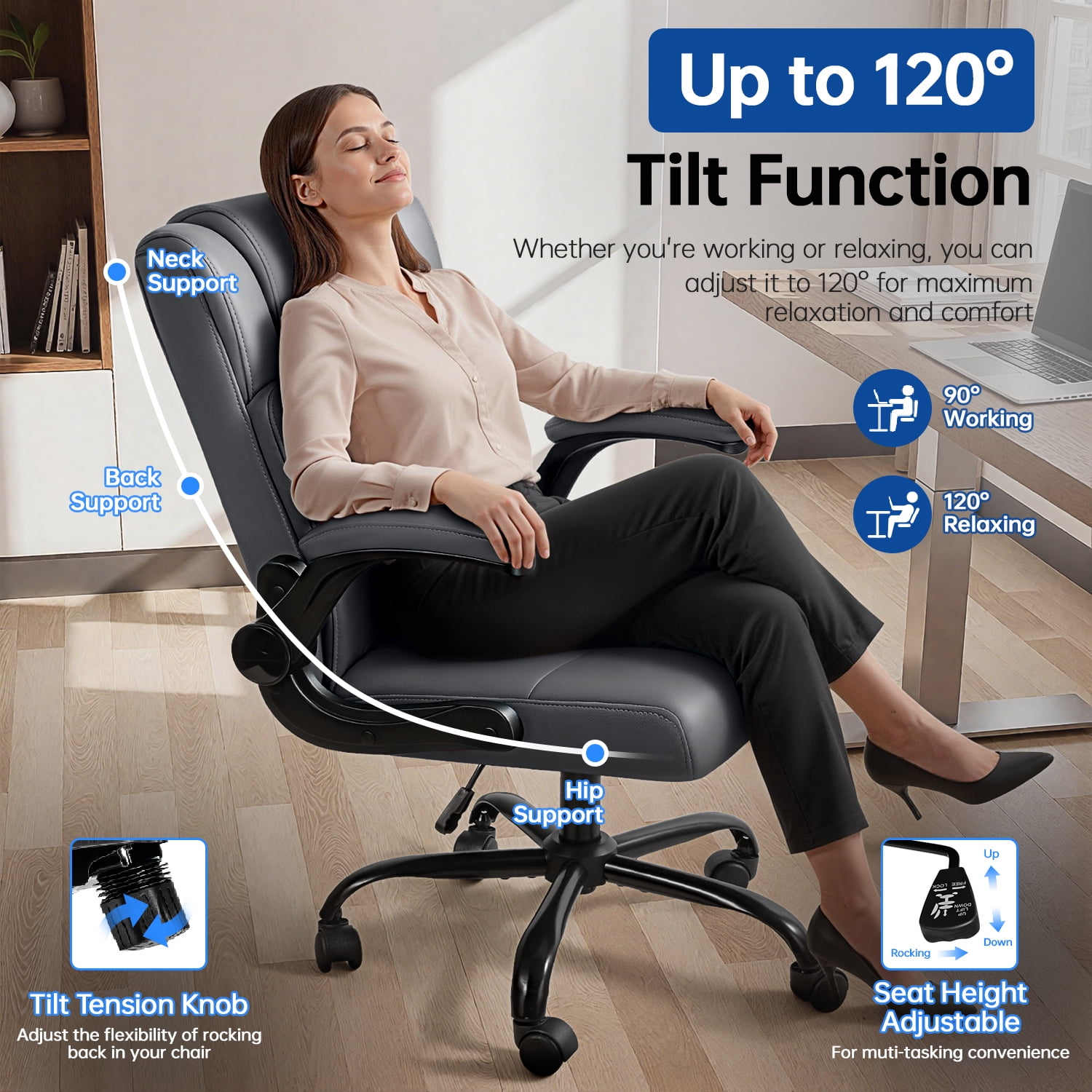 Waleaf Leather Office Chair,Wide Seat Small Computer Desk Chair Ergonomic Mid-Back Executive Chair with Back Support for Short People,Gray