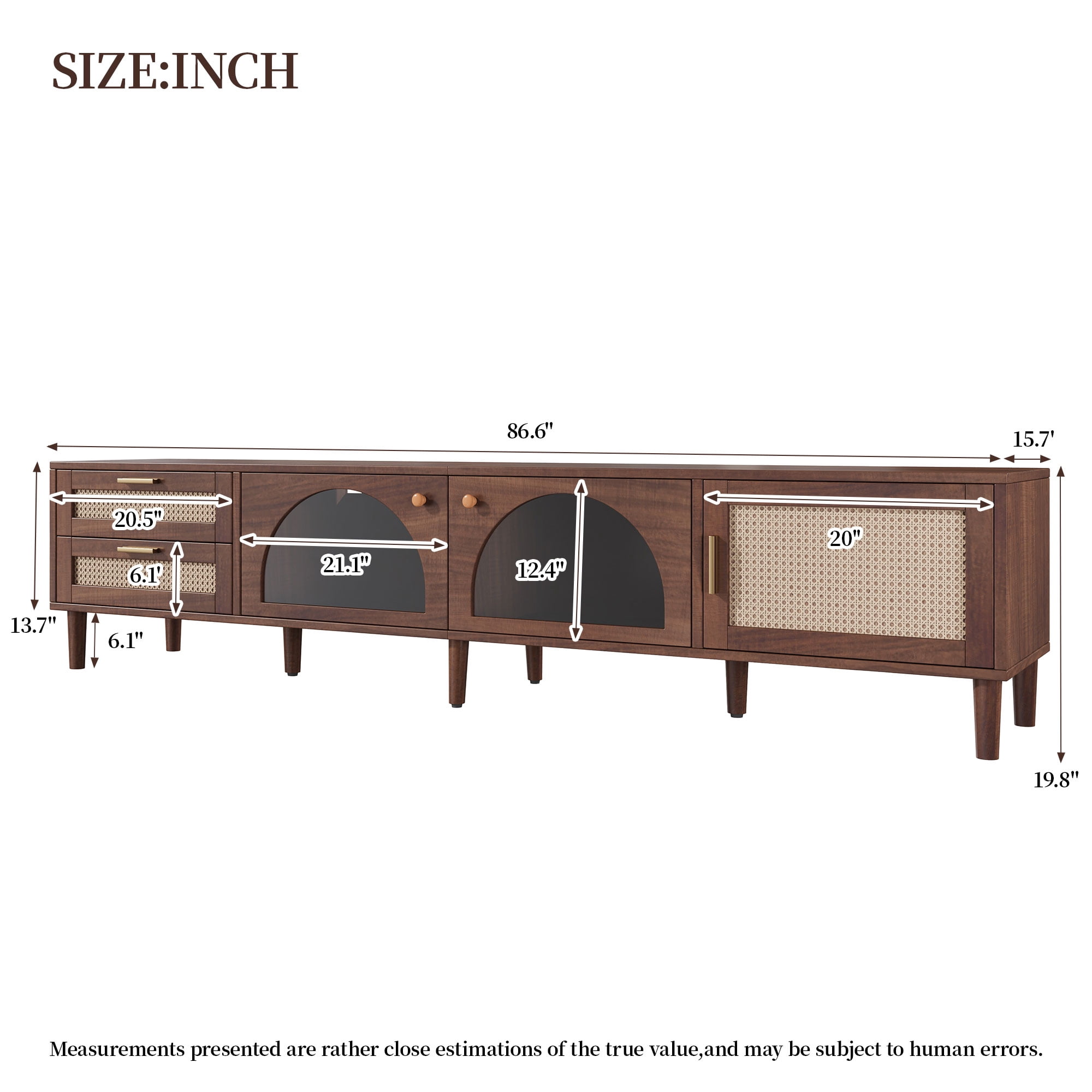 Homy Casa 86.6" Walnut TV Stand for 90" TVs with App LED Lights, 2 Glass Doors and Rattan Cabinet