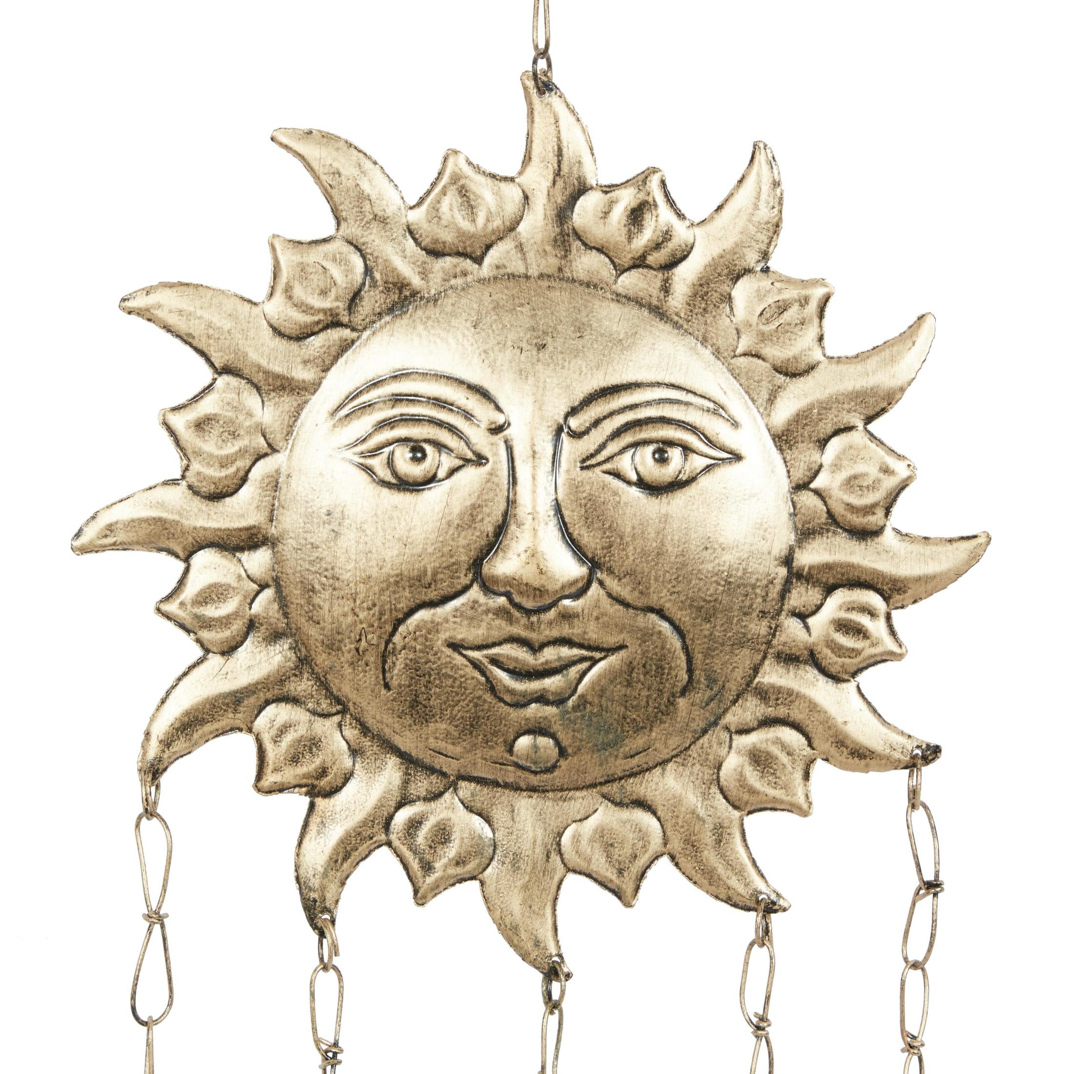 DecMode 35" Gold Metal Handmade Sun and Star Windchime with Glass Beads and Cone Bells