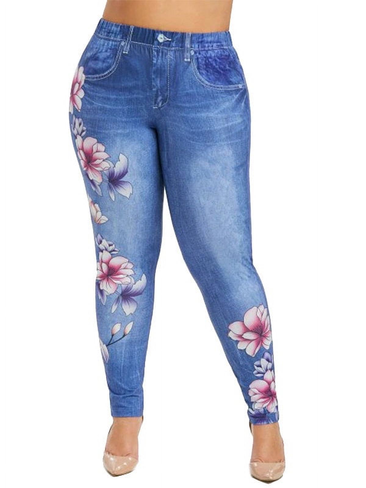 Julycc Women Casual 3D Denim Plus Size Floral Print Leggings - image 3 of 4