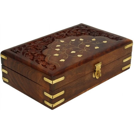 Ajuny Handcrafted Wooden Jewellery Storage Box with Brass Inlay Multipurpose Keepsake Travel Organizer Decorative Chest Trinket Holder Gift - 8x5 inch