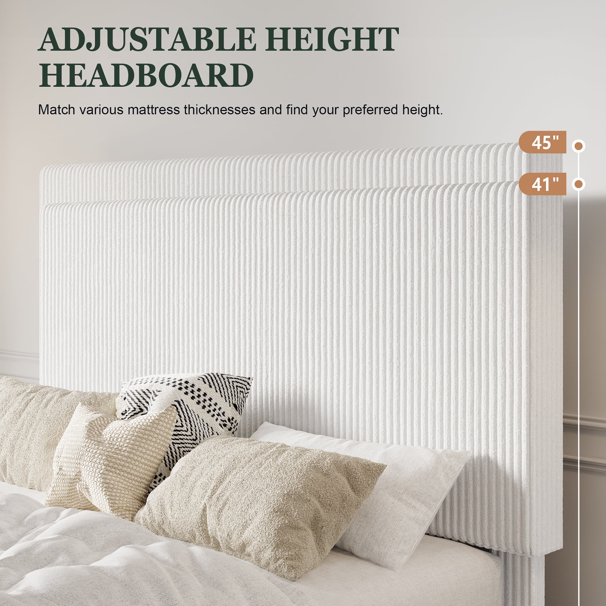 Amolife Full Size Upholstered Platform Bed Frame with Adjustable Height Headboard, Noise-Free, White