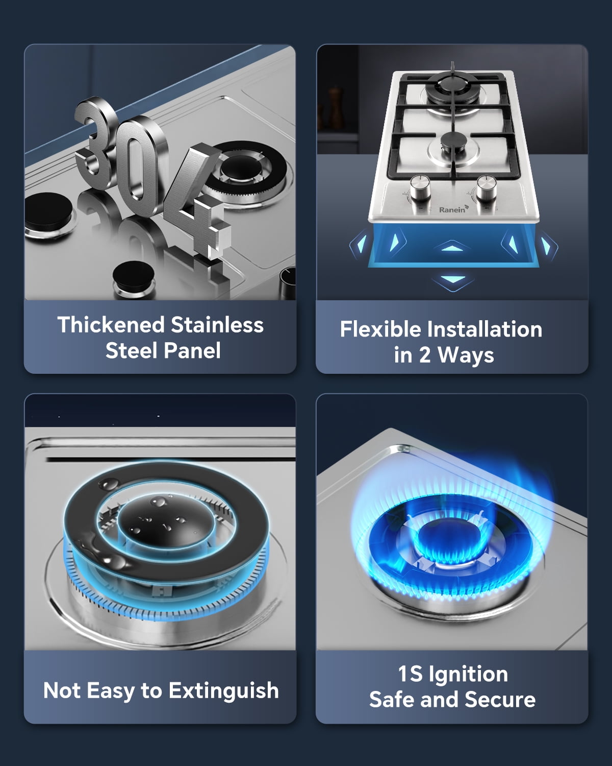 Ranein 12-Inch Gas Cooktops in Stainless Steel with 2 Burners