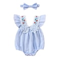 thumbnail image 2 of Baby Rompers Girls Gingham Floral Embroidery Ruffle Sleeve Romper Bodysuit with Headband Summer Casual Girls Romper Size 9-12M, 2 of 8