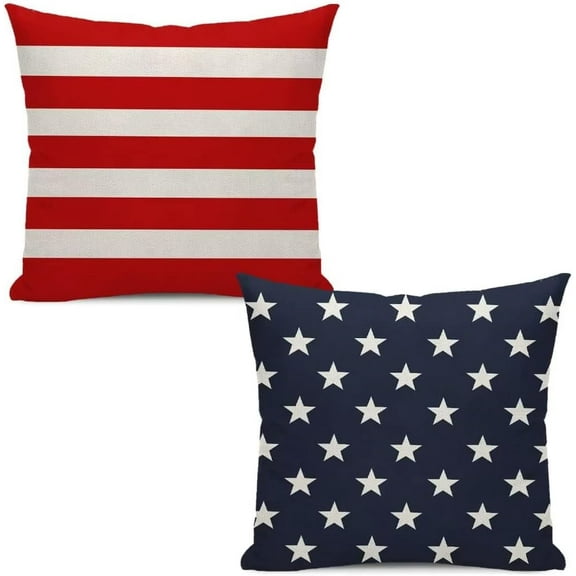 4th of July Throw Pillow Cover, 18x18 Inch Set of 2 Red Stripes Blue Stars Patriotic Decorative Outdoor Cushion Cover Memorial Independence Day Pillow Cases Linen Farmhouse for Sofa Couch Bed