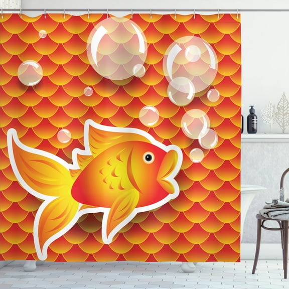 Ambesonne Orange Shower Curtain, Cartoon Goldfish Bubble, 69"Wx84"L, Burnt Orange