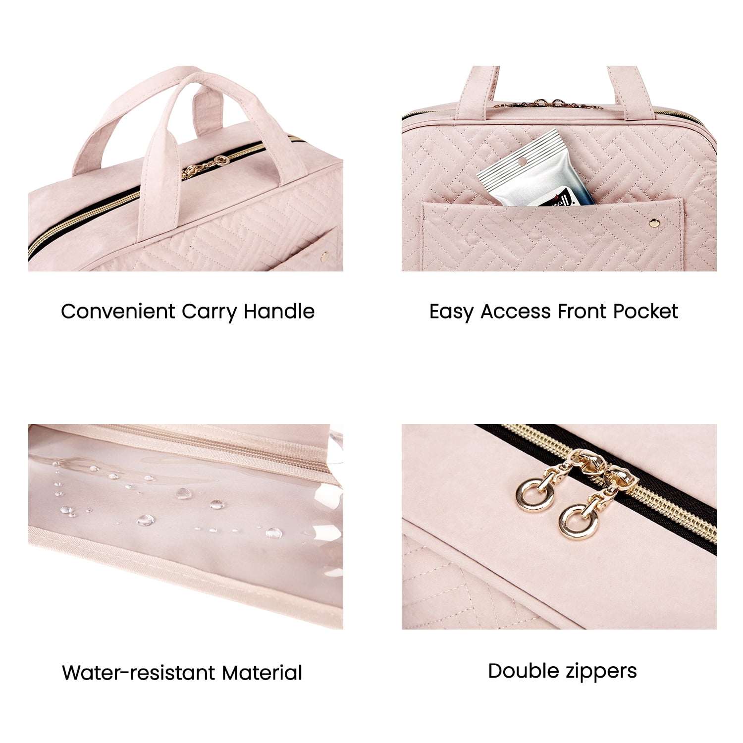 BAGSMART Large Size Travel Toiletry Bag with Hanging Hook, Water-resistant Makeup Cosmetic Bag Organizer for Toiletries Accessories, Travel Essentials, Pink