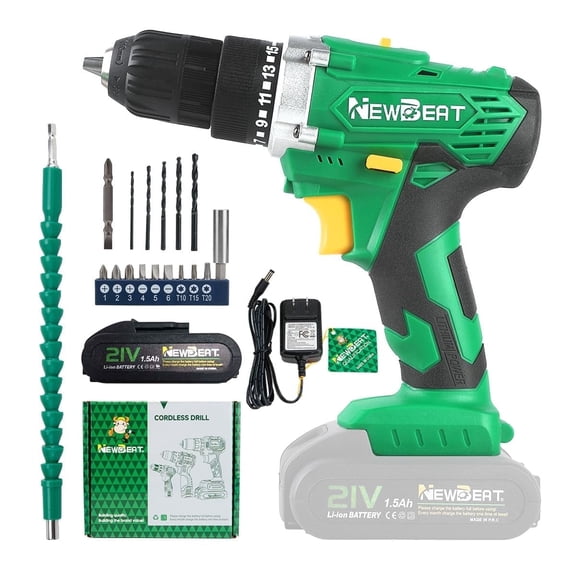 NEWBEAT Power Drill Set, 21V Cordless Drill with Battery and Charger, 3/8" Keyless Chuck, 2 Variable Speed, 25 1 Torque Setting, Power Tools for DIY