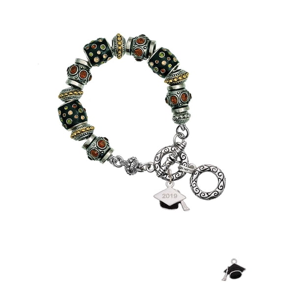 Silvertone 3-D Graduation Hat with 2019 Fall Crystal Bead Charm Bracelet