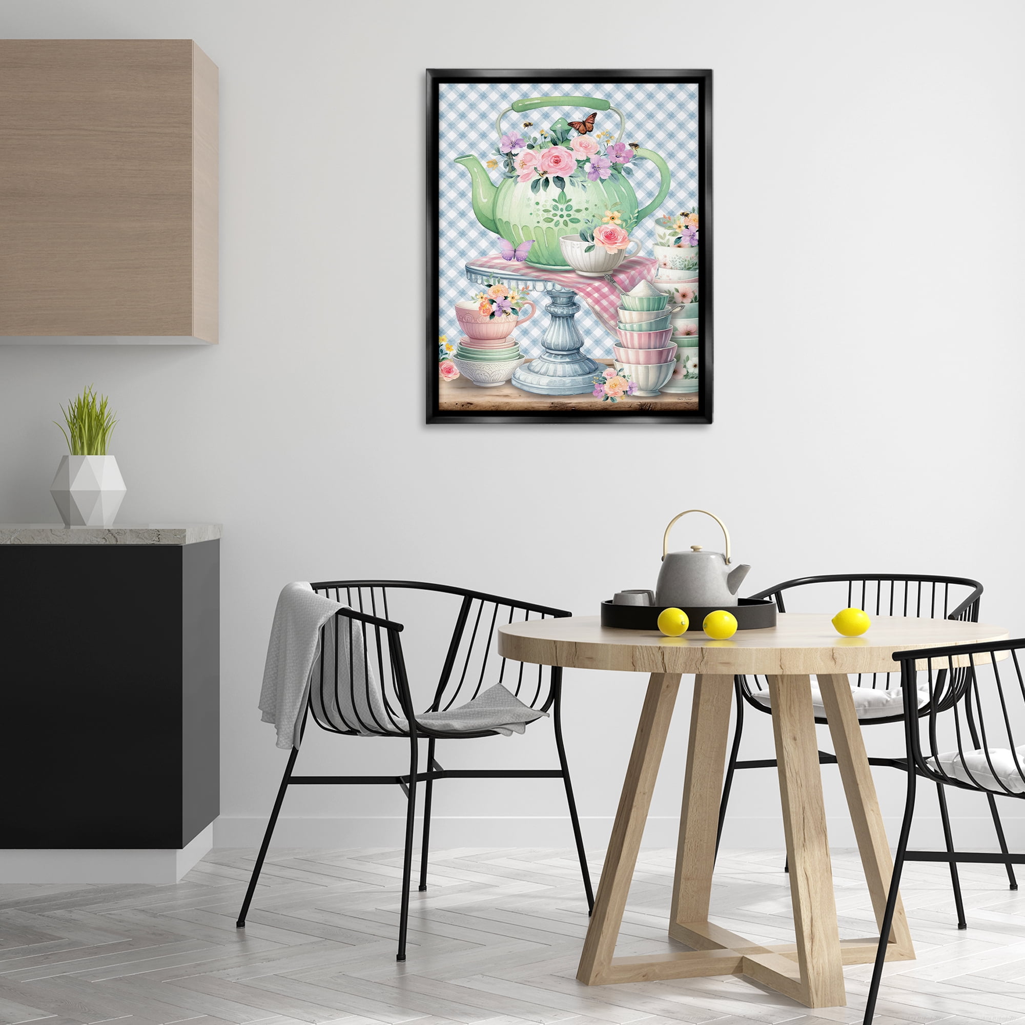 Stupell Industries Tea Kettle on Gingham Food & Beverage Painting Black Floater Framed Canvas Art Print Wall Art, 25 x 31
