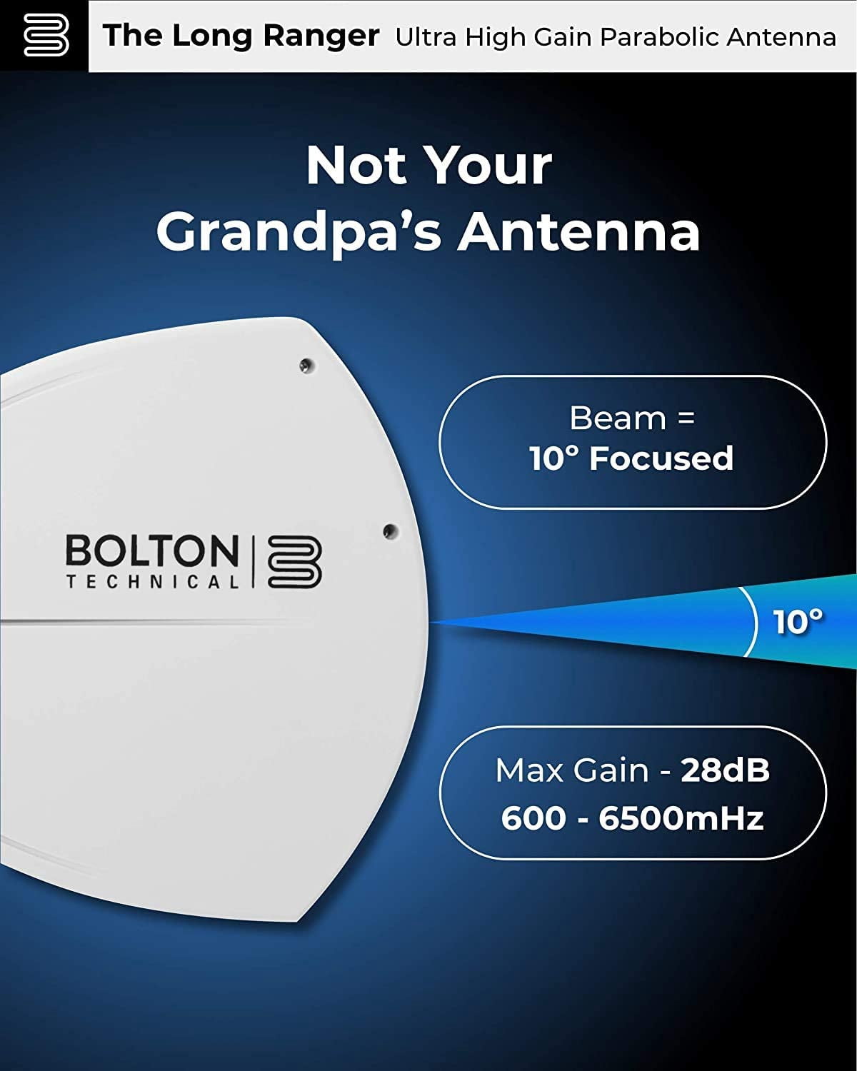 Bolton Technical Long Ranger Antenna | Upgraded Parabolic - Up to 20 Miles Range | All Cell Bands: 5G, 4G, LTE | WiFi 2.4/5 GHz WiFi 6 | High Gain Cellular/WiFi Antenna up to +28 dB | All Carriers