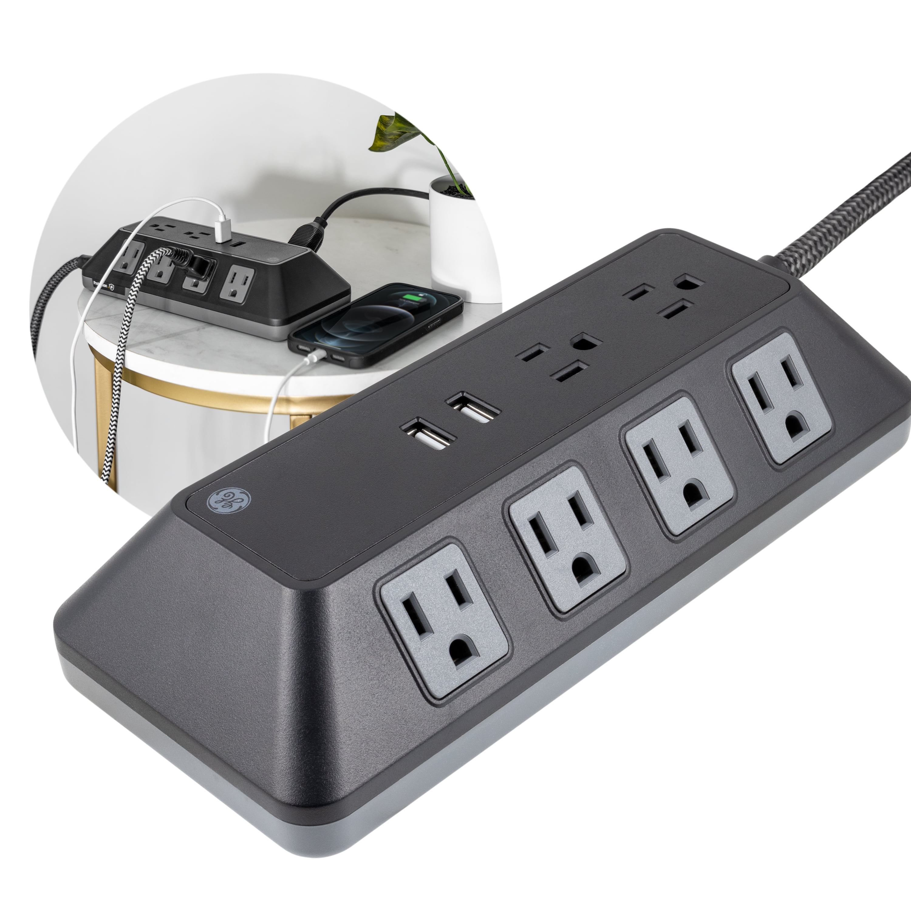 GE Adapt 10-Outlet Surge Protector Power Strip, USB Hub, 4ft Braided Cord, Black