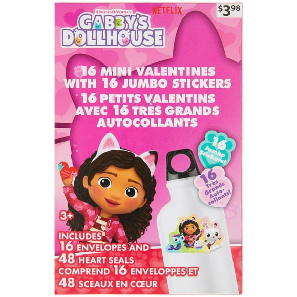 Gabby's Dollhouse Mini Valentine Cards with Jumbo Stickers, Multi-Colored, 16 Count