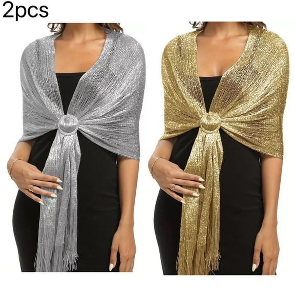 ZEBLIOSO 2 Pieces Women's Wedding Evening Shawl and Wrap Glitter Metallic Party Dresses Scarf with Fringe