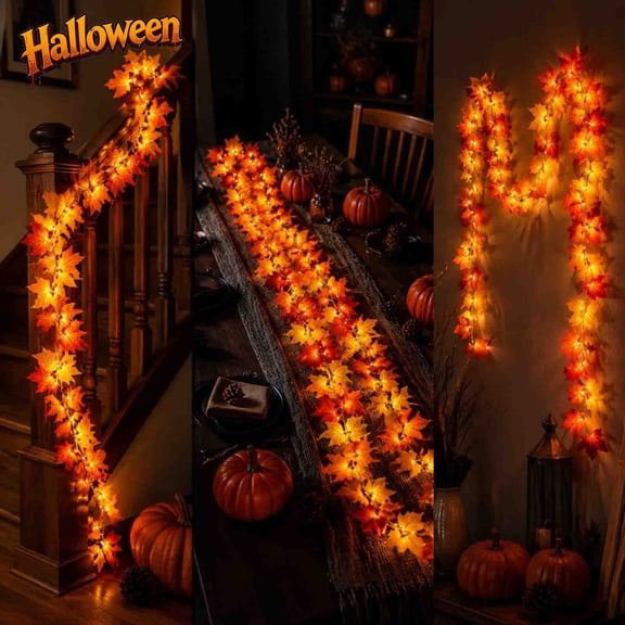 79in Lighted Artificial Maple Leaf Garland, Fall Hanging, Flexible Fake Autumn Leaves Mantel Stair Railing Halloween Decor,Indoor Outdoor Fireplace Door Window Thanksgiving Farmhouse Harvest Supplies