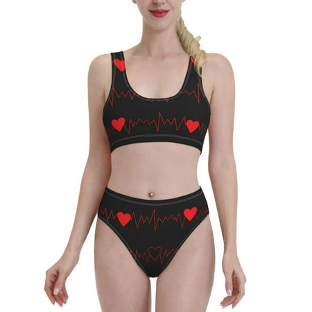 Bixox Cardiogram and Heart Pattern Two-Piece Sports Bikini with U-Shaped Top and High-Waist Bottom - Women s Swimwear with Removable Bra Pads