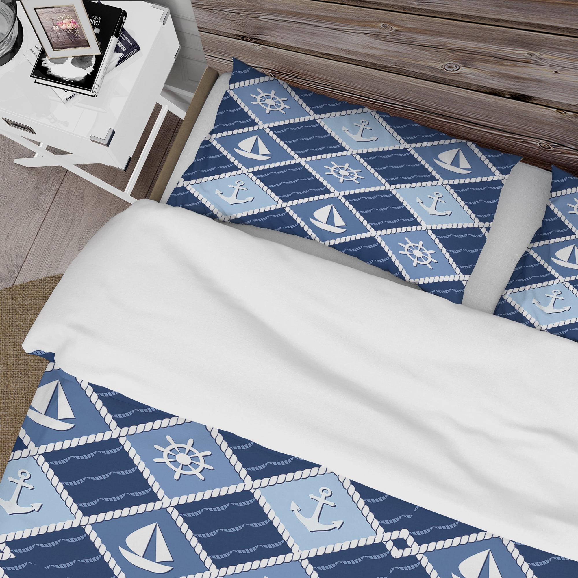 Designart 'Anchor and sailboat on blue waves' Coastal Duvet Cover Set