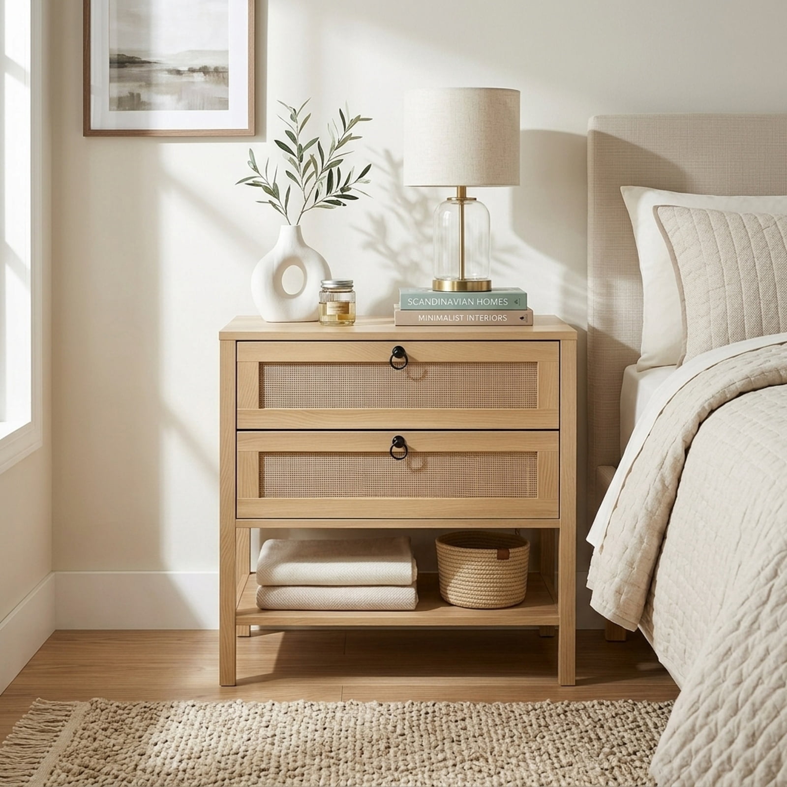 Furnibear Boho Rattan Nightstand with 2 Drawers and Bottom Open Shelf for Bedroom Living Room Bedside Sofa Side Small Space, Natural