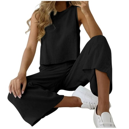 

YanHoo Women s Plus Size 2 Piece Outfits Linen Lounge Crew Neck Sleeveless Tank Tops and Wide Leg Pants Loose Summer Sports Tracksuit Sets