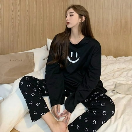 

Women‘s Cotton Pajamas Smile Teenager Sweet Black Grey Home Clothes Warm Trouser Suits Nightgown Outfits Sleepwear Autumn Winter