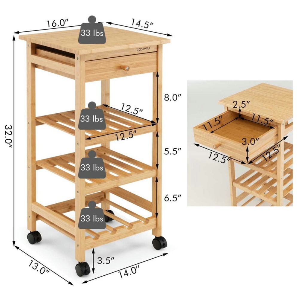 Finihen Rolling Cart, Kitchen Island Cart, Bamboo Rolling Kitchen Trolley Cart with Drawer and Wine Rack, for Kitchen, Dining Room, Natural Finihen Rolling Cart, Kitchen Island Cart, Bamboo Rolling Kitchen Trolley Cart with Drawer and Wine Rack, for Kitchen, Dining Room, Natural