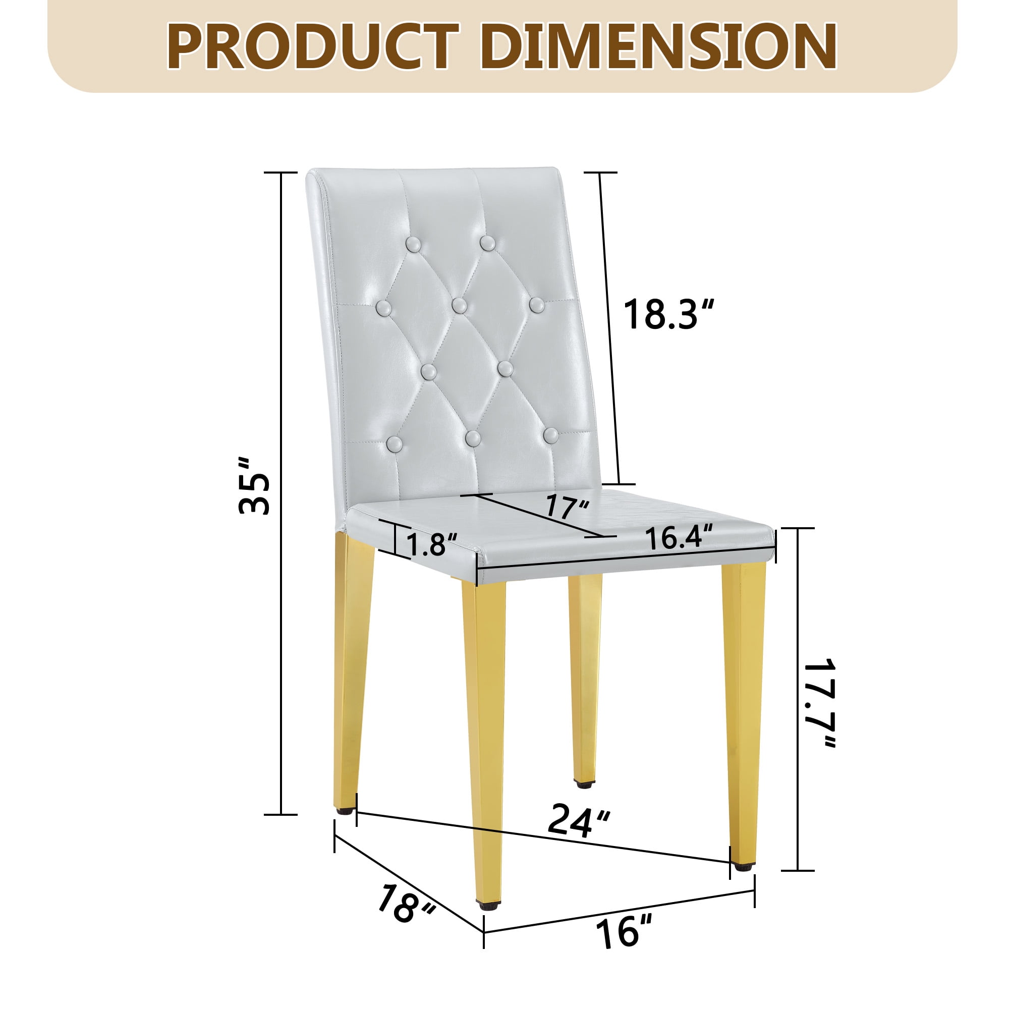 TesNus Dining Chairs Set of 2, 35" Height Light Gray PU Leather Tufted Back Upholstered Chairs with Gold Metal Legs for Dining Room Kitchen