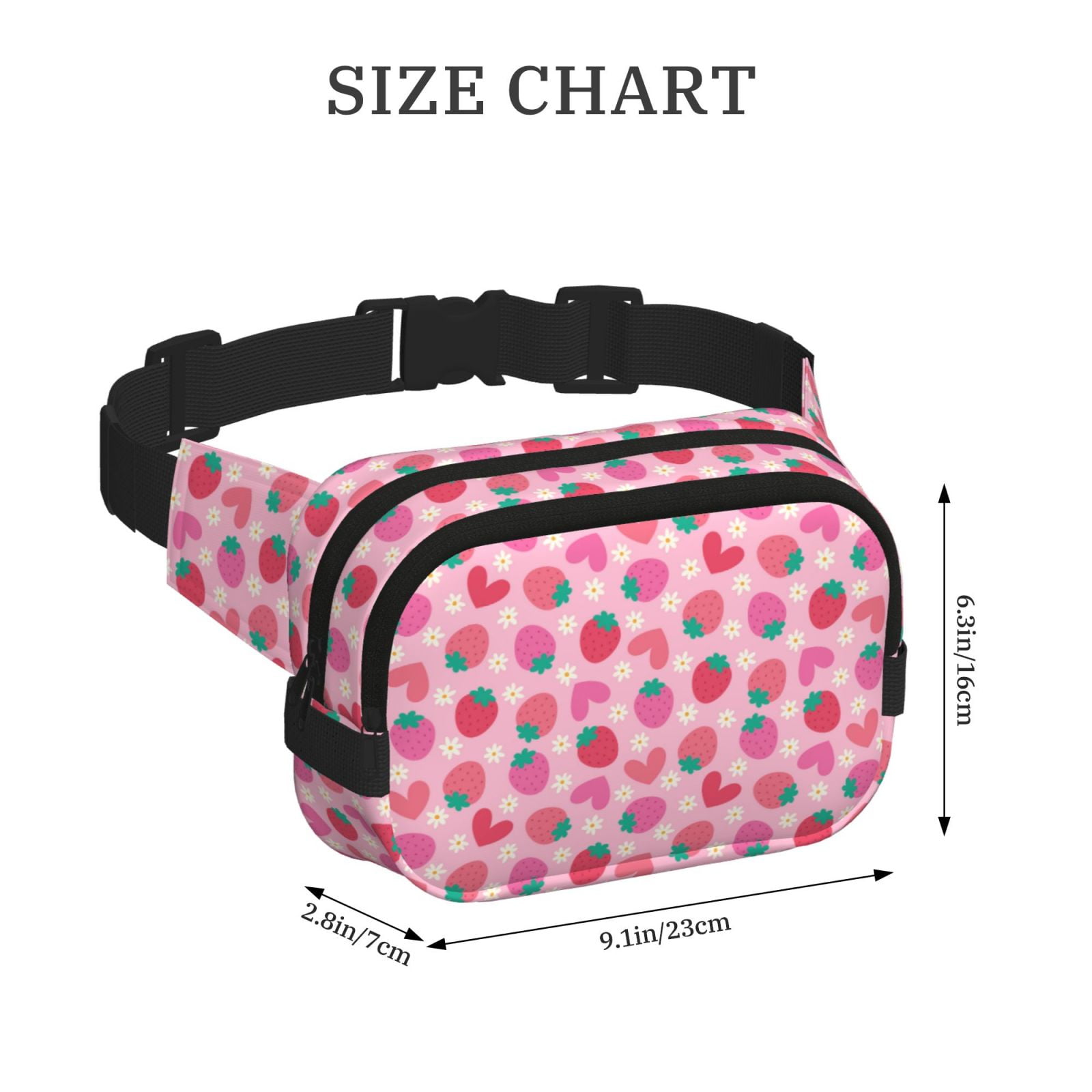 Picia Haear Strawberry Print Square Double-Layer Waist Bag Mini Adjustable Waist Belt Bag Exercise Running Travel Hiking