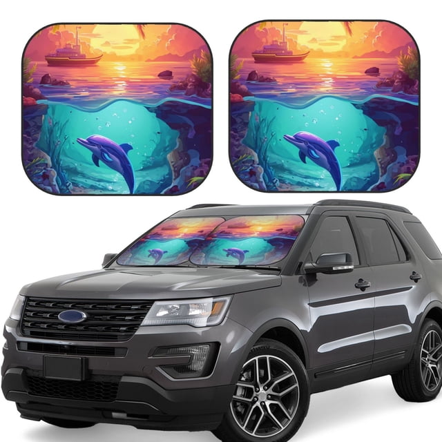 Fotbe Hawaiian Island Dolphin 2-Piece Car Windshield Sun Shade | Sun Blocker for Car Windshield | Foldable Automotive Interior Accessories for Sun Protection-Small