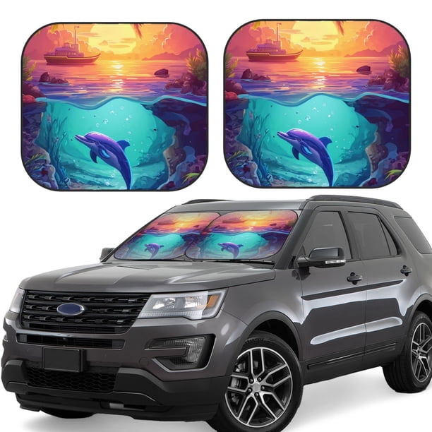 Fotbe Hawaiian Island Dolphin Juego de 2 Piezas de Parasoles para Parabrisas | Bloqueador Solar para Auto | Accesorios Plegables para Protección Solar Interior-Small