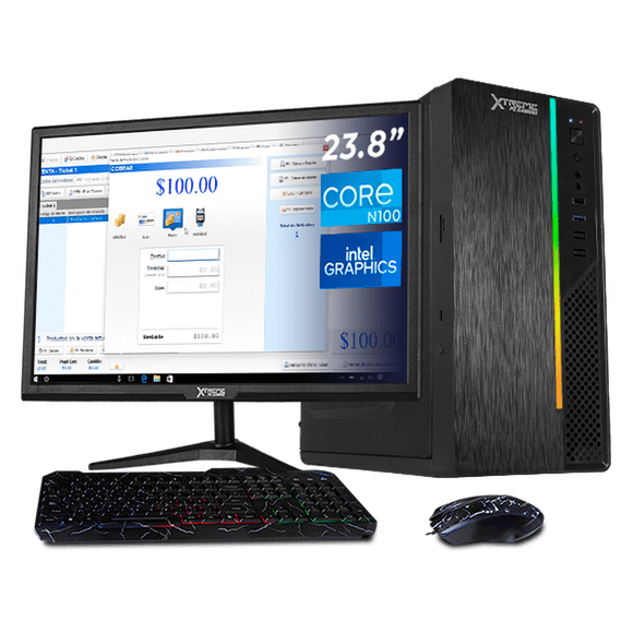 Computadora Escritorio Completa Xtreme PC Gaming Intel N100 16GB SSD 500GB Monitor 23.8 75Hz WIFI Black ideal para punto de venta, trabajo administrativo y uso diario