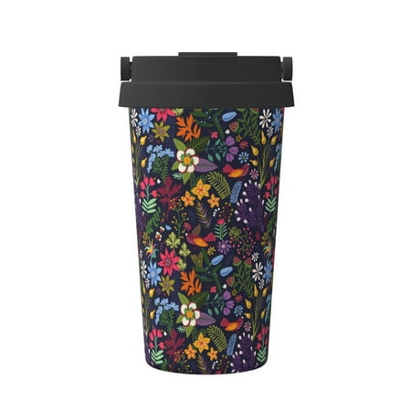 

Qekee Flowers And Birds Print Insulated Coffee Mug Coffee Tumbler Cup Thermos Mug Water Bottle with Handle & Flip