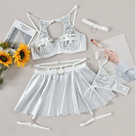 Generic New Lace Hollow out Strap Stitching Leather Skirt Sexy Lingerie Suit 7210