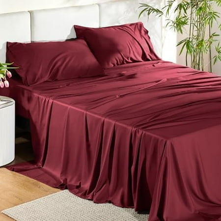 Queen Sheet Set, Rayon Derived from Bamboo, Cooling Sheets, Breathable & Soft, Deep Pocket Up to 16 Inches, Hotel Luxury Silky Bedding for Hot Sleepers, Burgundy
