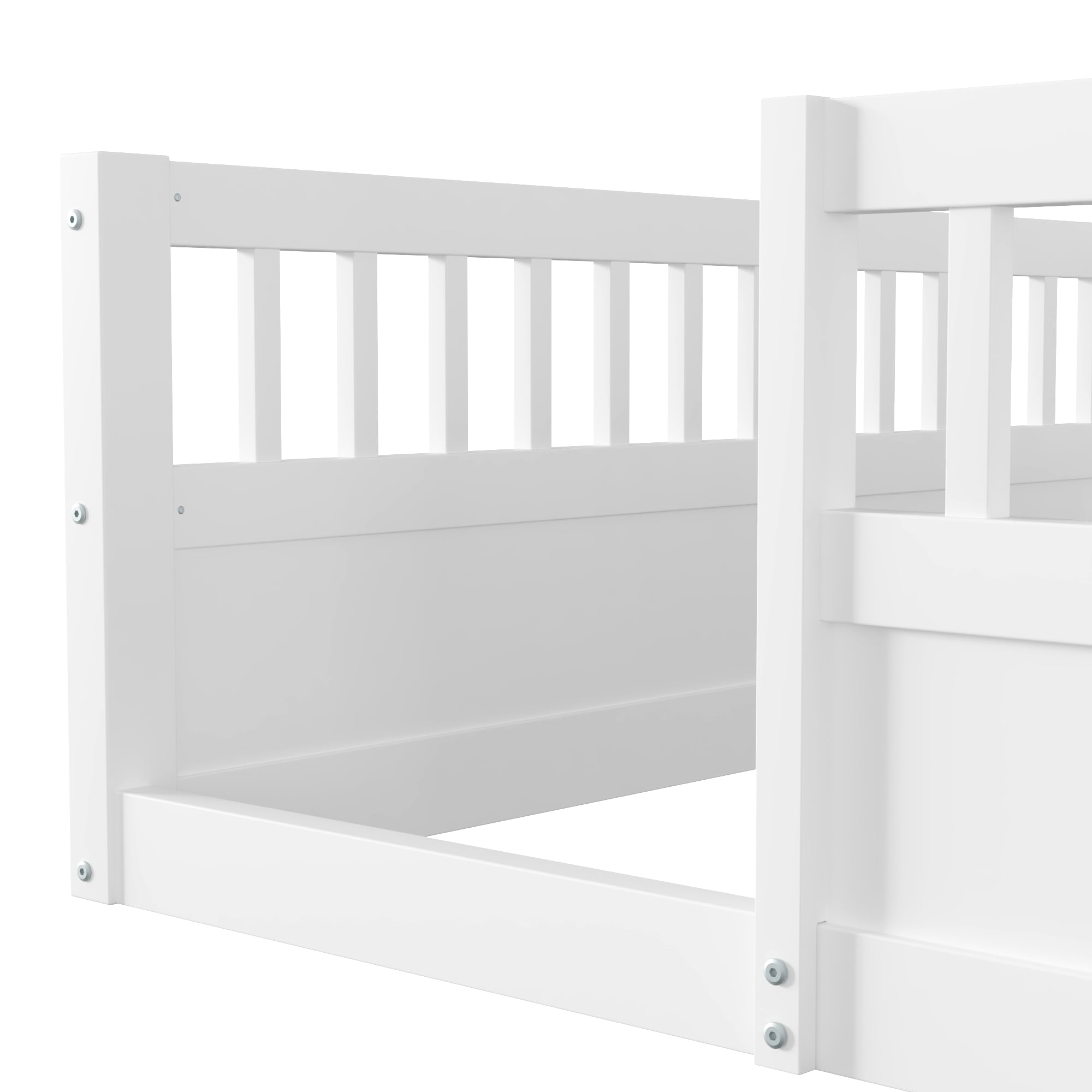 Aukfa Full Size Bed Frame with High Fence, Wood Montessori Floor Bed for Kids Toddler, White