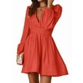 thumbnail image 3 of Mini Deep V Long Sleeve Dress for Women A-Line High Waisted Casual Flowy Dress for Cocktail Wedding Guest Orange Red M, 3 of 8
