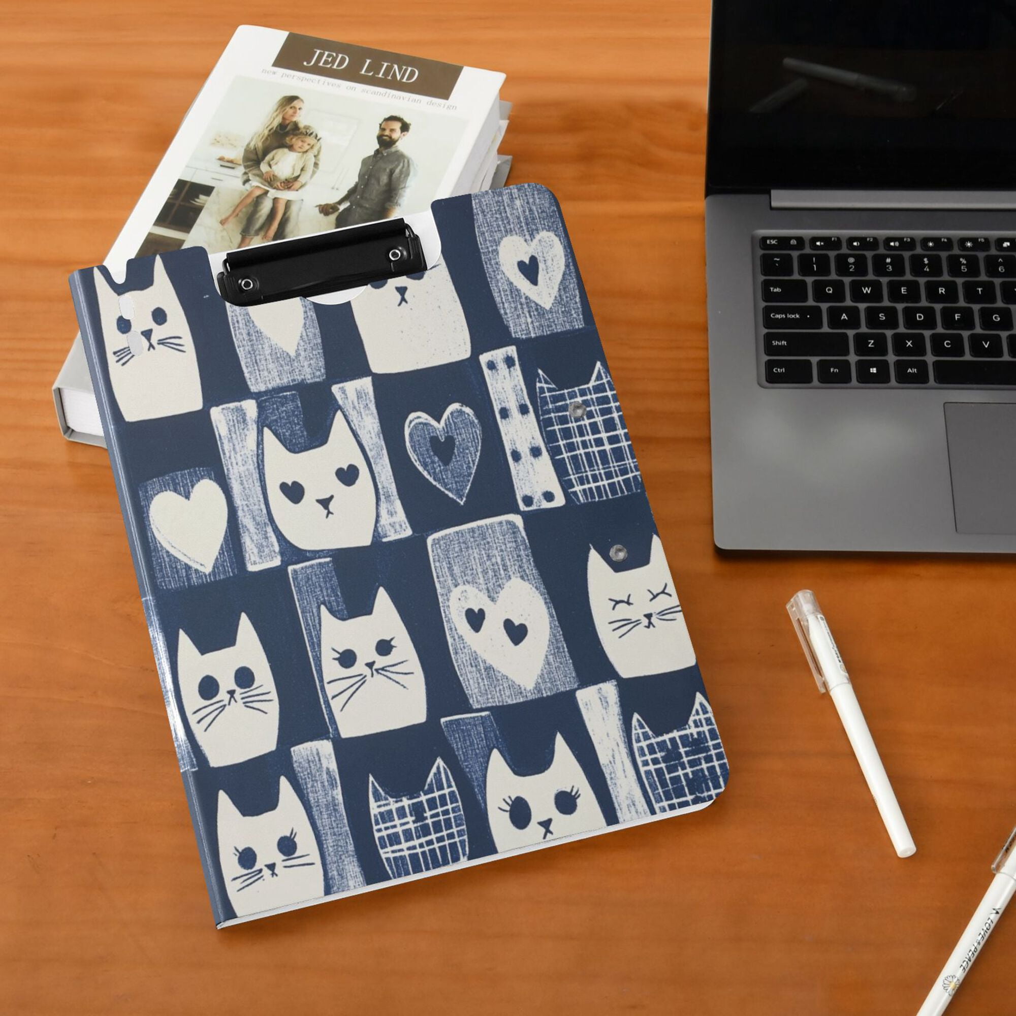 FORMRS A4 Clipboard Folder with Pen Holder Horizontal Foldable School Office Binder, Blue Cats and Hearts